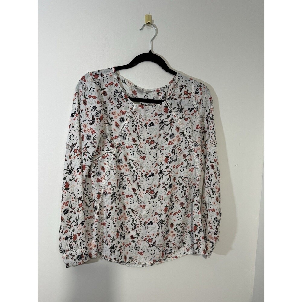 DE COLLECTION Floral Contrast Stitching Pullover Round Neck Long Sleeve Blouse S